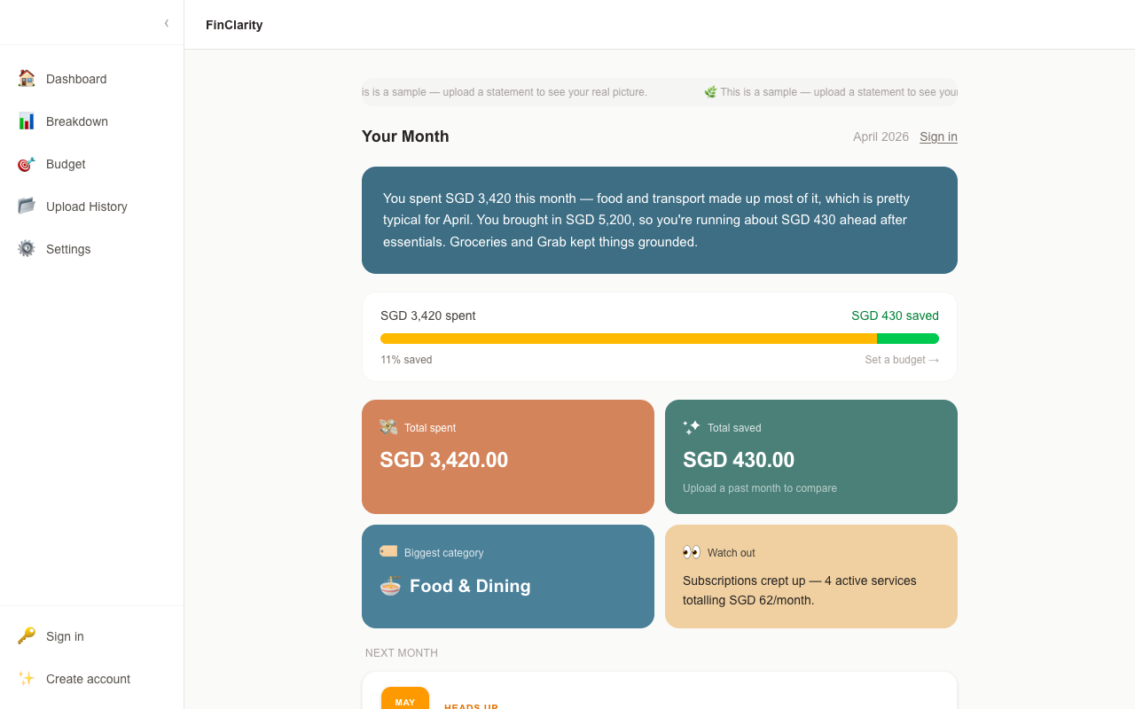 FinClarity demo dashboard with sample data