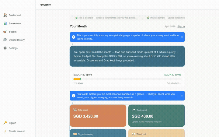 Scrolling through the FinClarity demo dashboard, showing a monthly spending summary, saved amount, and category breakdown