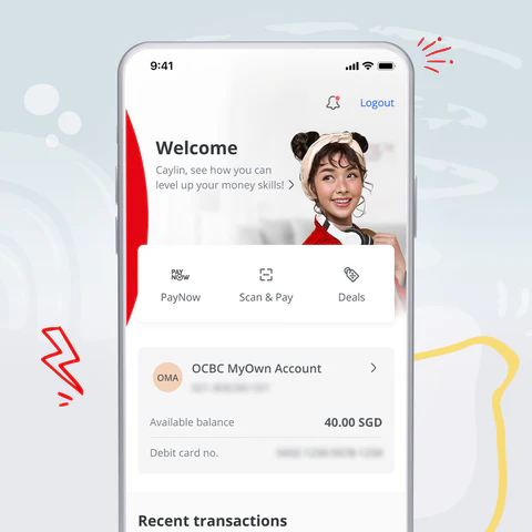 OCBC MyOwn Account app screen, showing the welcome message, PayNow/Scan & Pay/Deals quick actions, and account balance