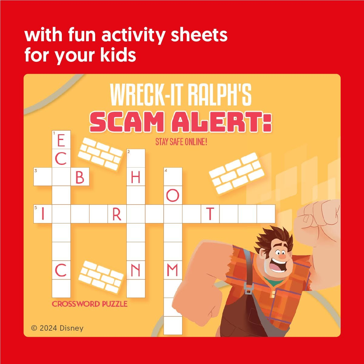 Wreck-It Ralph's Scam Alert crossword puzzle activity sheet on staying safe online