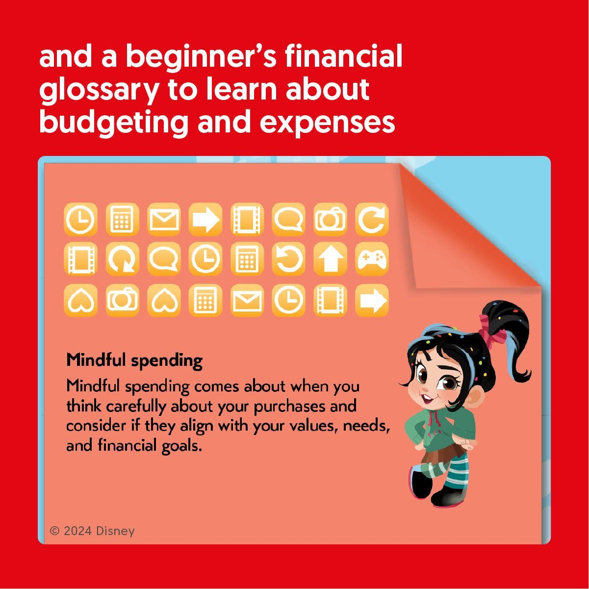 Beginner's financial glossary defining mindful spending, with Vanellope character illustration