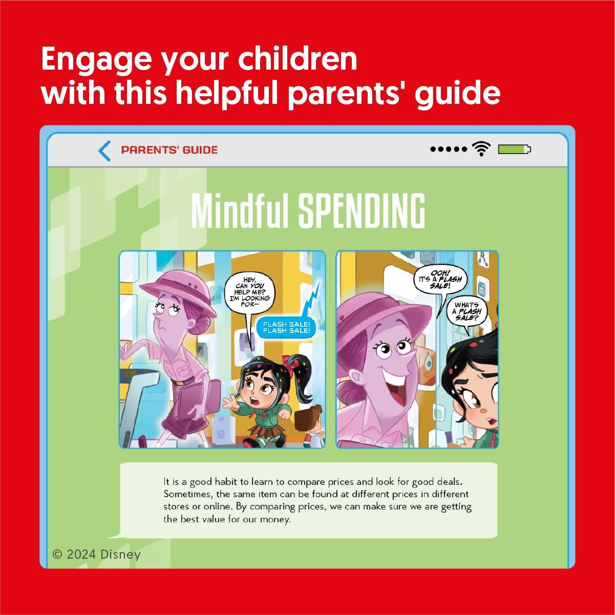 Parents' guide comic panel on Mindful Spending, featuring Vanellope learning to compare prices before buying