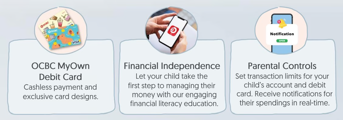 Early OCBC MyOwn Account one-pager sent to PR agencies, showing the debit card, financial independence, and parental controls pillars