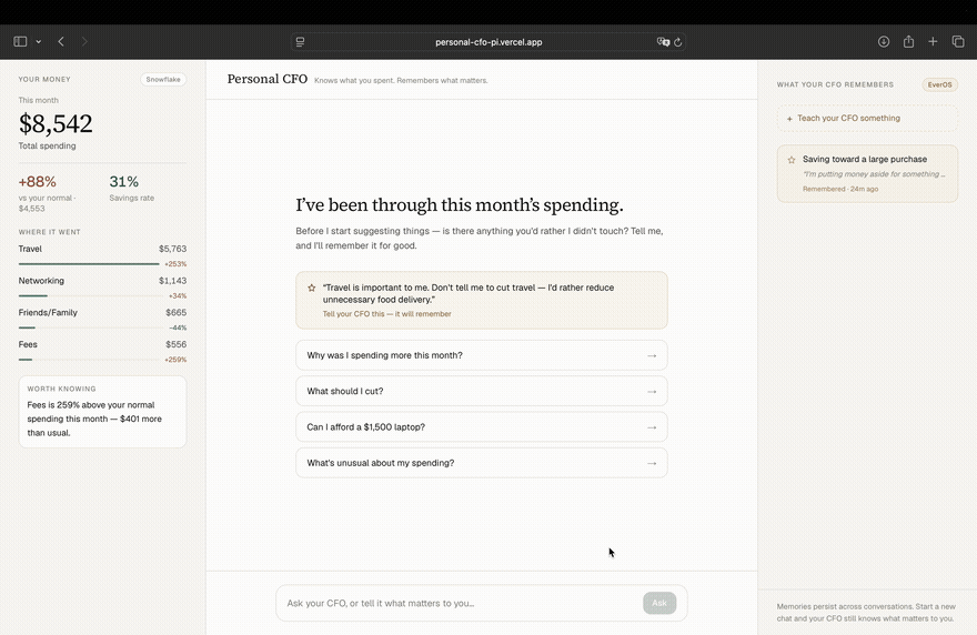 Personal CFO demo walkthrough: viewing this month's spending, teaching the assistant that travel is a priority, then asking what to cut, why July ran high, and whether a $500 purchase is affordable