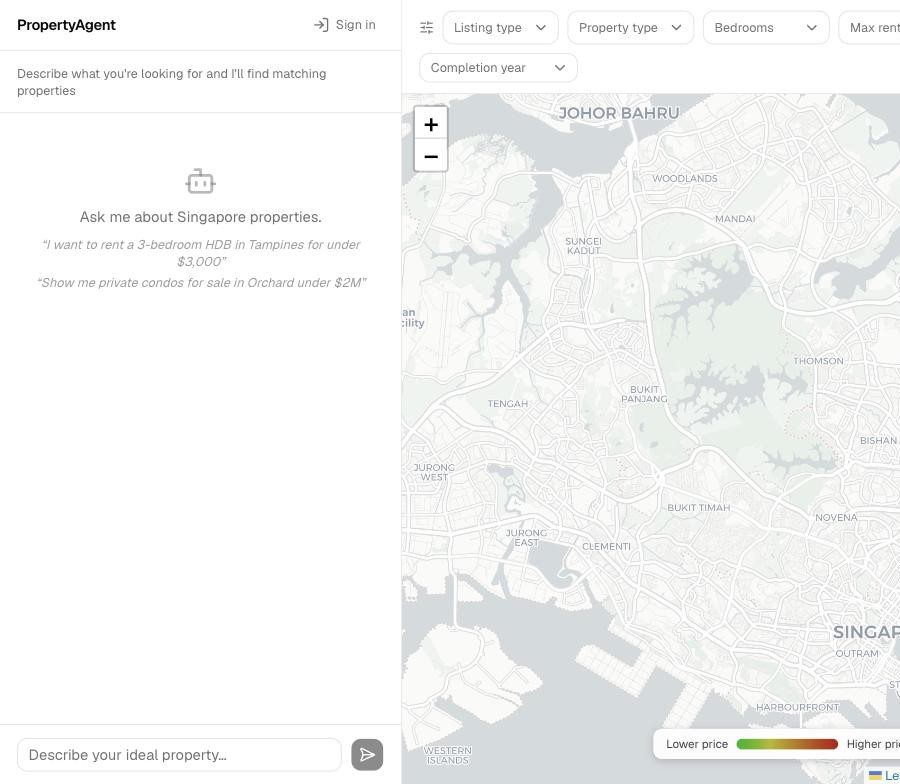PropertyAgent live demo, showing the conversational search sidebar with example prompts and the Singapore property map